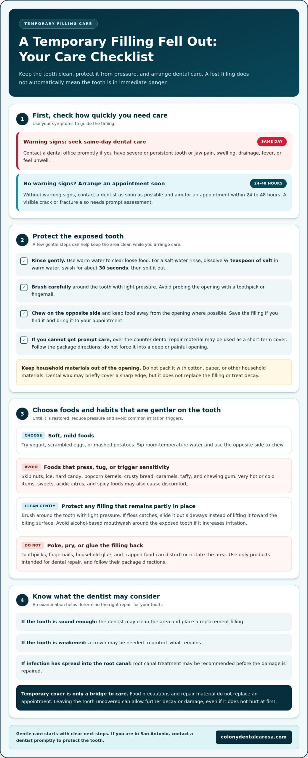 How to care for your tooth after a temporary filling falls out - Infographic - Colony Dental Caresa How to care for your tooth after a temporary filling falls out
